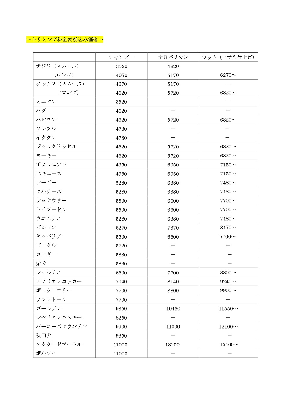 2025年10月よりトリミング価格値上げのお知らせ